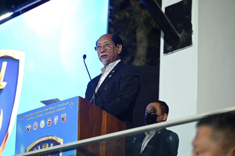 Nagaland Chief Minister Neiphiu Rio addresses the opening ceremony of the Nagaland Super League at the new Chümoukedima Football Stadium on January 28. (Morung Photo)